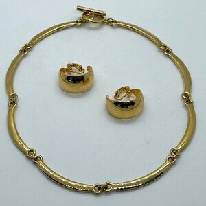 Vintage Goldtone Choker Necklace & Clip-On Hoop Earrings Elegant Design 16"